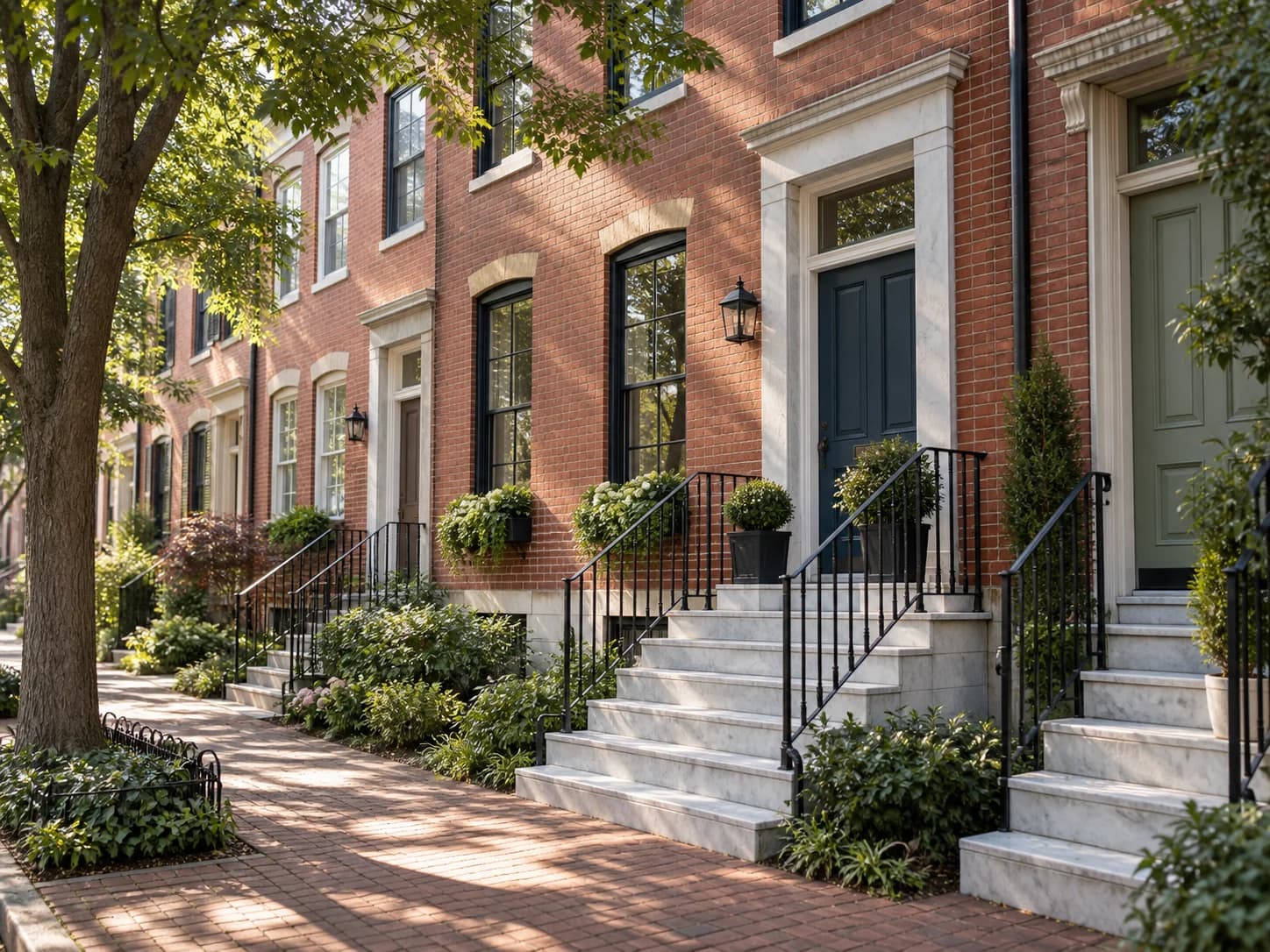 Illustrative view of brick rowhomes and a leafy sidewalk