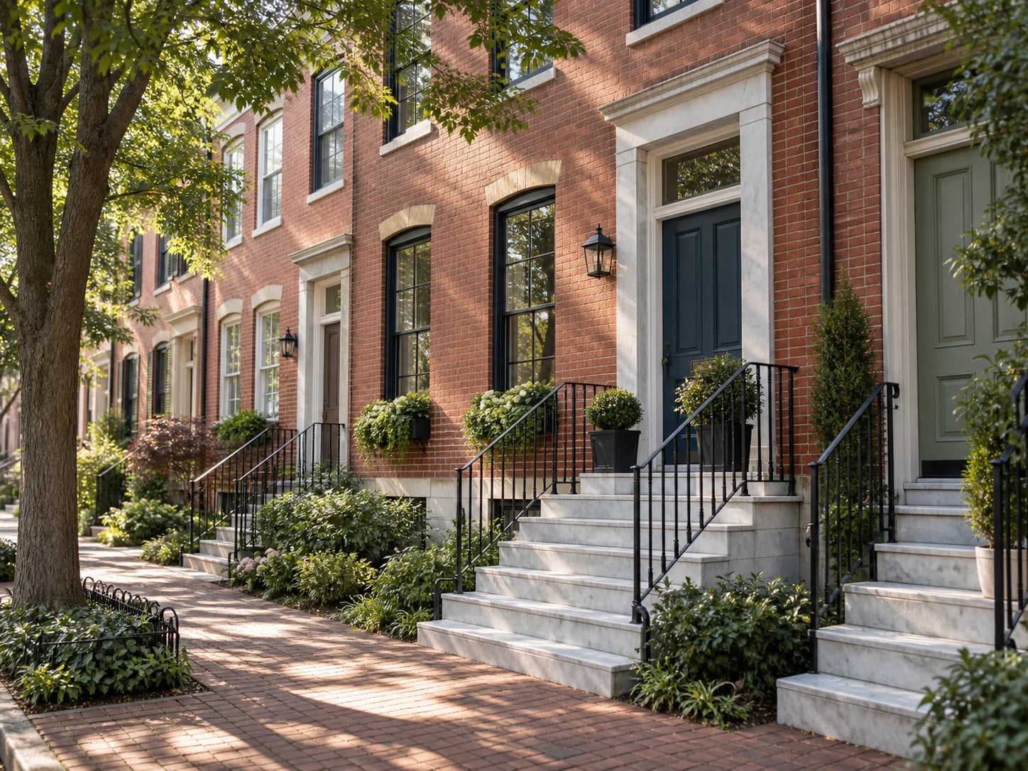 Illustrative view of Baltimore-style brick rowhomes along a leafy sidewalk
